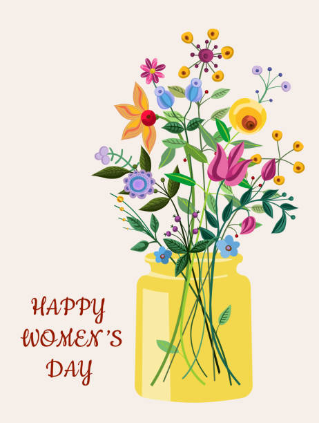 frühling blühende frauen tageskarte mit ausgefallenen blumen. - blumenvase stock-grafiken, -clipart, -cartoons und -symbole