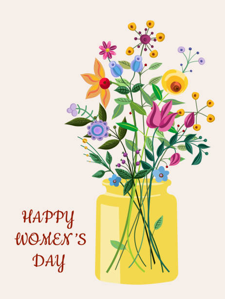 illustrations, cliparts, dessins animés et icônes de carte de jour des femmes en fleurs de printemps avec des fleurs de fantaisie. - flower pot