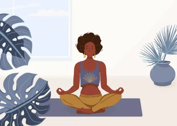 Vector illustration of Black woman yoga at home vector background illustration. African young girl sitting in yoga lotus pose. Happy relaxed black female character performing meditation exercise