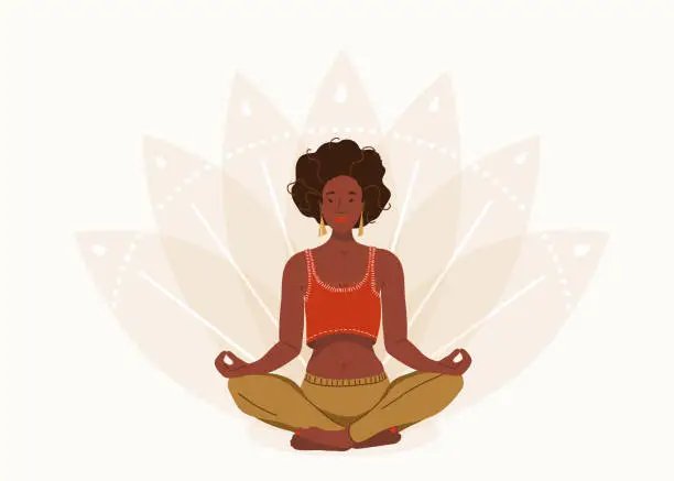 Vector illustration of African young woman sitting in yoga lotus pose. Happy relaxed black girl performing meditation exercise. Vector illustration background in flat cartoon style