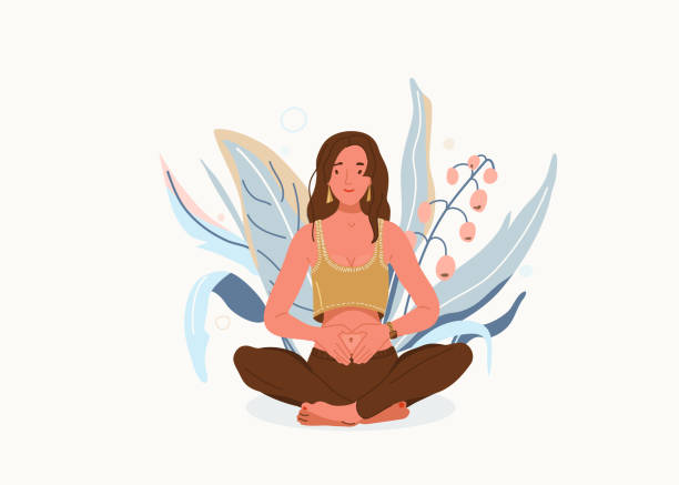 illustrations, cliparts, dessins animés et icônes de aimez-vous fond vectoriel. concept de bien-être corporel auto-soin. jeune femme s’asseyant dans la posture de yoga. fille plient ses mains sur son estomac, les doigts ont formé la forme de coeur. caractère féminin heureux méditer - spirituality hand on heart meditating women