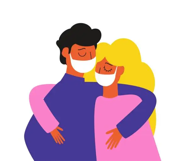 Vector illustration of Hugging young man and woman in medical face mask. Novel coronavirus 2019-nCoV.