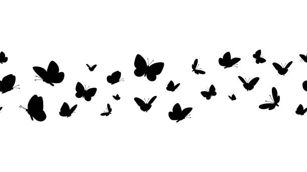 Flying butterflies silhouettes Flying butterflies silhouettes. Butterfly seamless border. Black forest and garden insects vector pattern butterfly stock illustrations