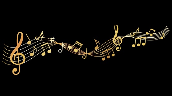 Musical wave. Gold music notes background. Sound vector illustration