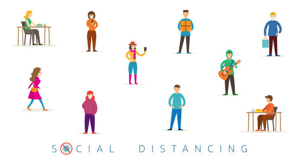 ilustrações, clipart, desenhos animados e ícones de grupo de pessoas em conceito de distanciamento social - distanced