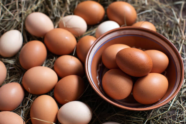 istock Homemade chicken eggs lie on hay and in a bowl 1212762320