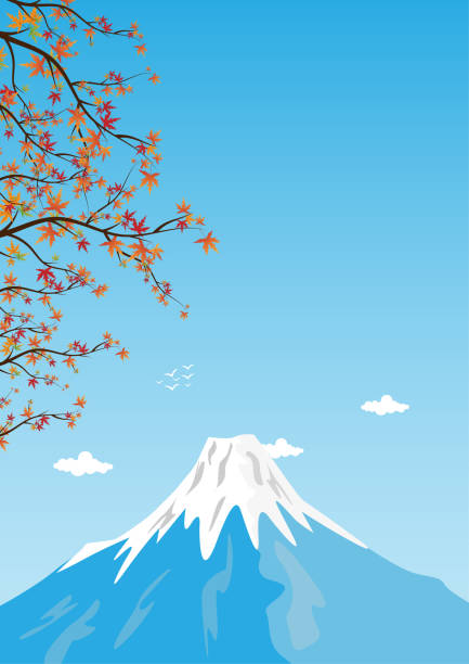 illustrazioni stock, clip art, cartoni animati e icone di tendenza di fuji di montagna, famosi monumenti del giappone con illustrazione vettoriale foglia d'acero - japanese maple leaf water japan