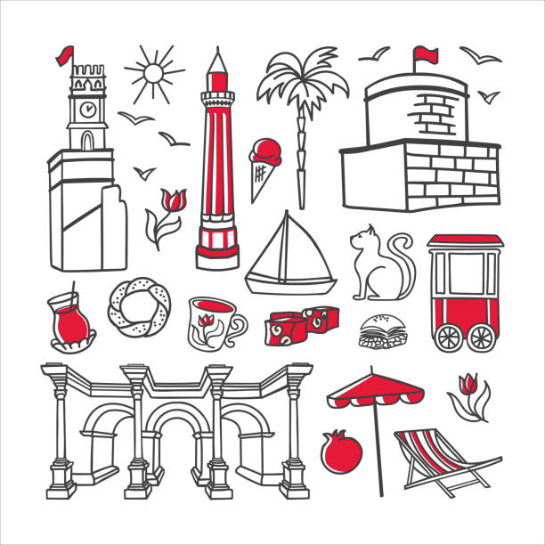 Vector illustration Symbols of Antalya, Turkey. Big set of hand drawn doodle elements isolated on white. Clock Tower, Minaret, Hadrain's gate and other famous Turkish landmarks for touristic design. Vector illustration Symbols of Antalya, Turkey. Big set of hand drawn doodle elements isolated on white. Clock Tower, Minaret, Hadrain's gate and other famous Turkish landmarks for touristic design. baklava stock illustrations