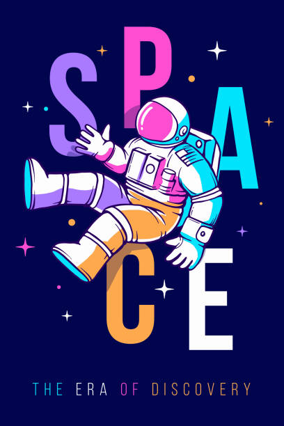 彩色字空間的向量時尚插圖和探索外太空的宇航服宇航員。宇航員在黑暗的背景上用星星進行太空行走。 - 失重 插圖 幅插畫檔、美工圖案、卡通及圖標