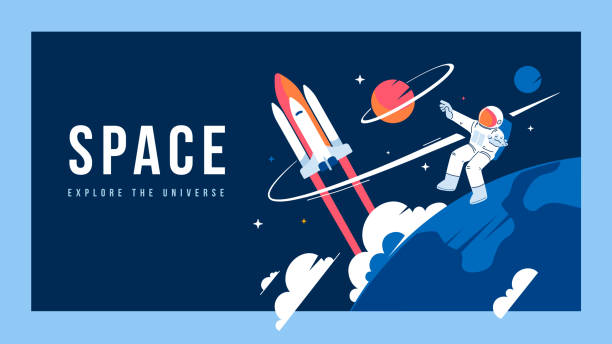 ilustraç�ões de stock, clip art, desenhos animados e ícones de vector creative template with illustration of cosmonaut in spacesuit exploring outer space and spaceship. astronaut making spacewalk on dark background near earth. - space exploration