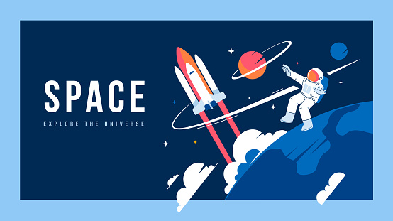 Vector creative template with illustration of cosmonaut in spacesuit exploring outer space and spaceship. Astronaut making spacewalk on dark background near earth. Flat line art style design of human spaceflight for the holiday cosmonautics day greeting banner