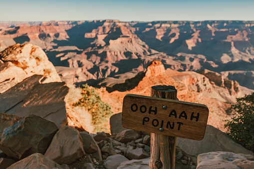 A sign of OOH AAH Point on the South Kaibab Trail in the Grand Canyon at Grand Canyon National Park in Arizona, USA.