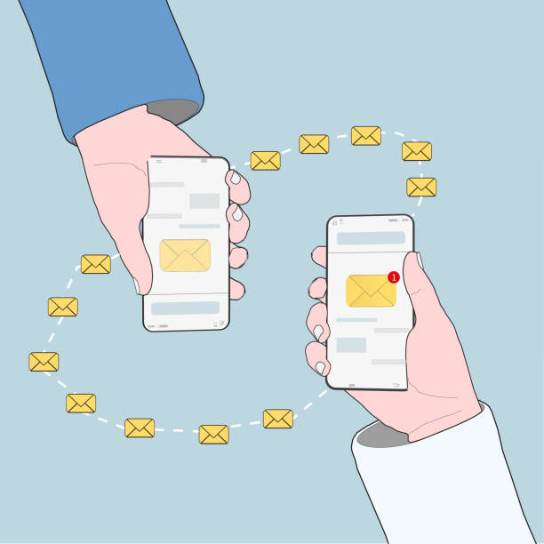 istock Hands holding phones, messaging. Symbols instant messengers, SMS, communication between people using gadgets, telephones. Transmission of information, and emotions. Vector illustration. 1212769868