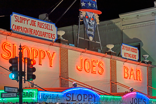 Key West Florida USA 10/25/2016 Night time photo of Slopppy Joe's Bar on the corner of Duval St. and Greene St. Fantasy Fest and election year.