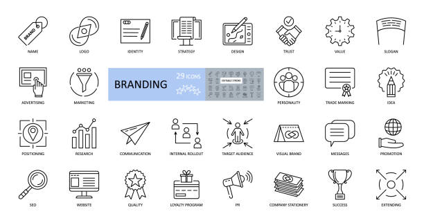 Branding icons. Set of 29 vector images with editable stroke. Includes name, logo, strategy, advertising, idea, slogan, trust, website, values, target audience, promotion, loyalty program, quality Branding icons. Set of 29 vector images with editable stroke. Includes name, logo, strategy, advertising, idea, slogan, trust, website, values, target audience, promotion, loyalty program, quality marketing icons stock illustrations