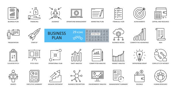значки бизнес-плана vector. набор из 29 изображений с редактируемым штрихом. включает в себя планирование, финансирование, грант, аудиторию, пре - swot analysis stock illustrations