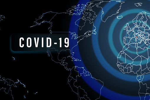Coronavirus COVID-19 epidemia en el mundo. Mapa mundial con anillos de diagrama de epidemia a partir de Europa como brote de centro de virus photo