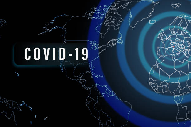 코로나 바이러스 covid-19 세계에서 전염병. 바이러스 센터 발발로 유럽에서 시작 하는 전염병의 다이어그램 반지와 세계 지도 - the death zone 뉴스 사진 이미지