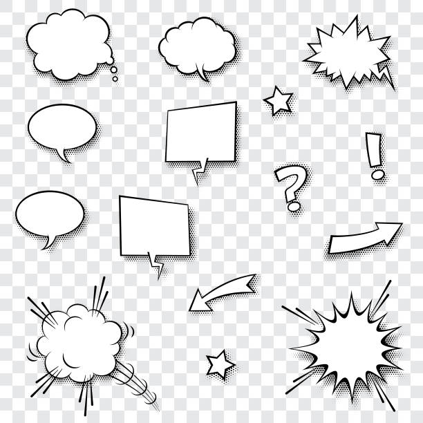 Speech balloons, stars, exclamation and question mark with halftone shadow.