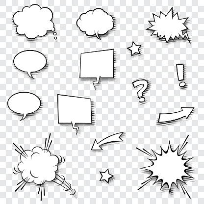 Speech balloons, stars, exclamation and question mark with halftone shadow.