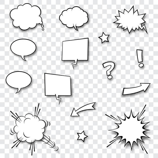 Speech Balloon Speech balloons, stars, exclamation and question mark with halftone shadow. comic book outline stock illustrations