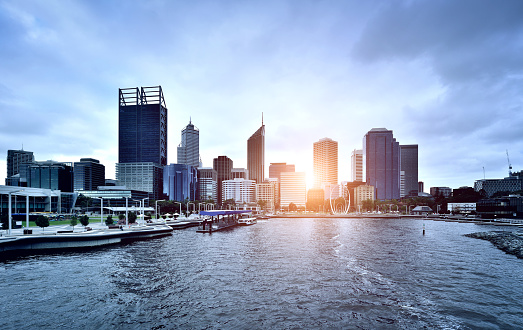 Perth cityscape at sunset sunlight, Australia.