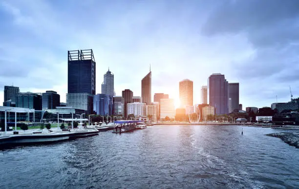 Perth cityscape at sunset sunlight, Australia.