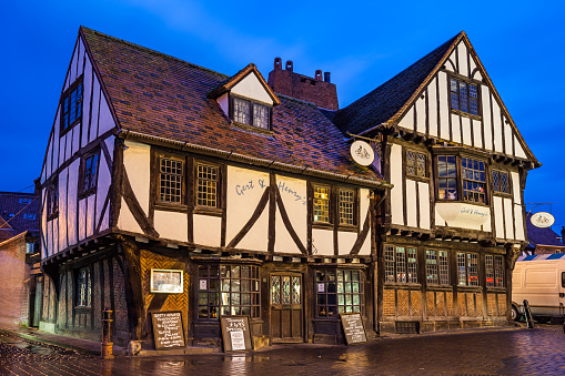 Timber framed restaurant Gert and Henry's. The building is from the 1600's located in the downtown market area, York, England, UK.