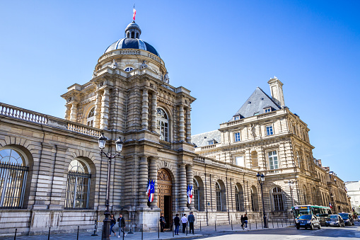 French National Assembly (Palais Bourbon) , with a statue representing the law. Paris in France, August 20 th, 2023.