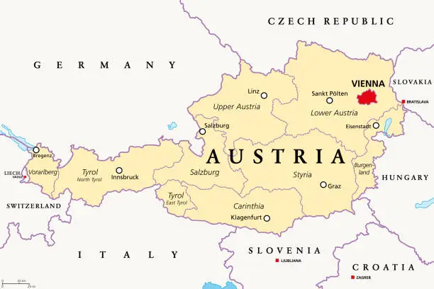 Vector illustration of Austria, political map with capital Vienna and nine federated states