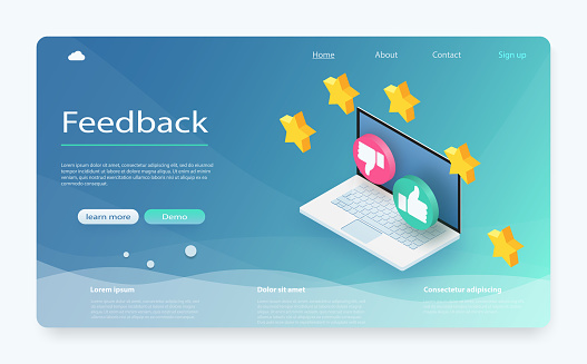 Customer review concept. Feedback, reputation and quality concept. Feedback or rating concept banner. Laptop with reviews stars rate, feedback evaluation. Rating system isometric concept.