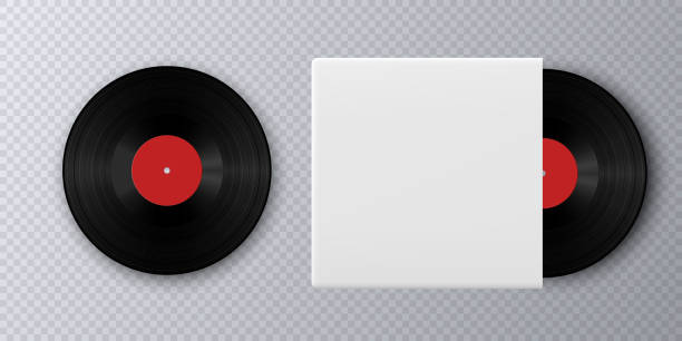 realistische vinyl-schallplatte mit cover mockup. gramophone vinyl-schallplatte mit label. - jukebox icon stock-grafiken, -clipart, -cartoons und -symbole