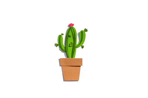 Paper art cactus. Handmade and craft idea. Element for invitation. With pink flower. Cacti on isolated background.