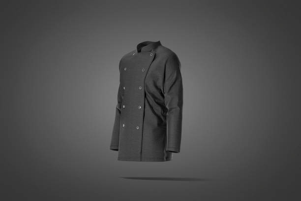 istock Blank black chef jacket with buttons mockup, dark background 1212785180