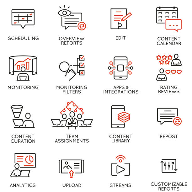 illustrations, cliparts, dessins animés et icônes de ensemble vectoriel d’icônes linéaires liées aux services de marketing et de promotion des médias sociaux. pictogrammes mono lignes et éléments de conception d’infographie - partie 6 - key marketing interface icons symbol