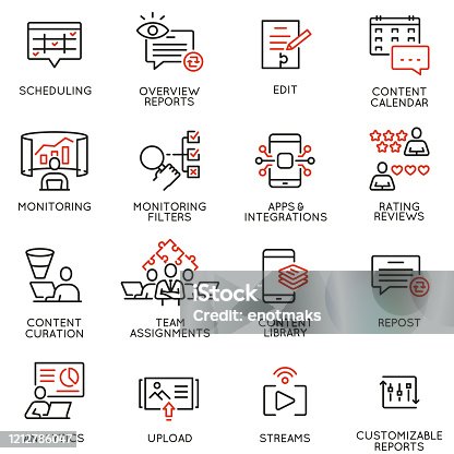 istock Vector set of linear icons related to influence marketing and social media promotion services. Mono line pictograms and infographics design elements - part 6 1212786047