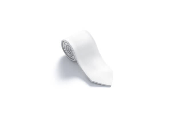 Blank white rolled neck tie mock up, side view, 3d rendering. Empty formal twisted neck-tie mockup, isolated. Clear suit evening-wear for marriage or job. Satin cravat costume mokcup template.
