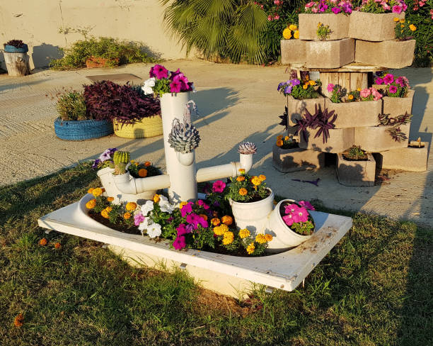 Recycled flowerbed made from old bathtub and white plastic pipes with colorful petunia flowers growing inside. Flowering plants are growing in unusual ecofriendly flower pots. Landscape with flowers. stock photo