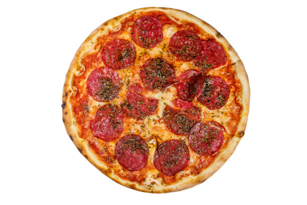 istock Delicious fresh pizza with sausage and cheese isolated on white background 1212788674