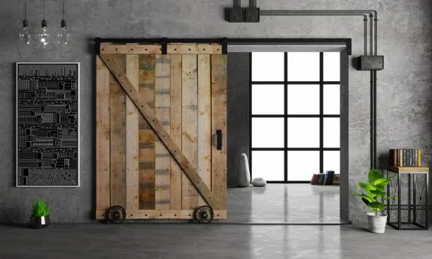 3d illustration. Modern interior in loft style barn sliding wooden door in loft room. Studio
