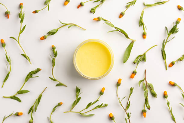 Organic cosmetic concept. Flowers of calendula and cosmetic cream isolated, on white background. Flat lay, top view stock photo