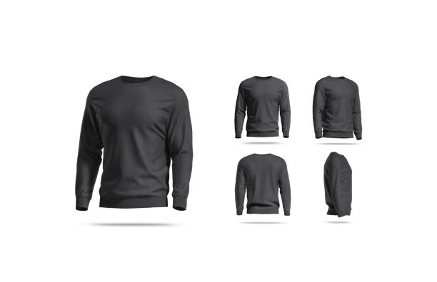 Blank black casual sweatshirt mock up, different views Blank black casual sweatshirt mock up, different views, 3d rendering. Empty cotton trendy hoody or blazer mockup, isolated. Clear textile loose apparel for daily outfit mokcup template. round neckline stock pictures, royalty-free photos & images