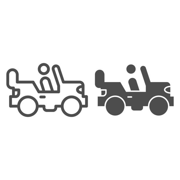 illustrations, cliparts, dessins animés et icônes de ligne de véhicule d’armée et icône solide. rover offroad avec la personne, la voiture et le symbole de soldat, le pictogramme de modèle de contour sur le fond blanc. signe militaire pour le concept mobile et la conception web. graphiques vectoriels. - car individuality military 4x4