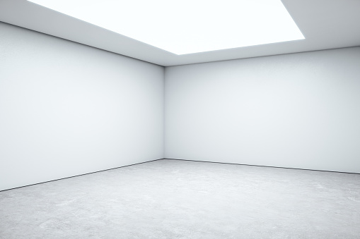 Modern room space with empty white wall and window on ceiling. Mock up, 3D Rendering