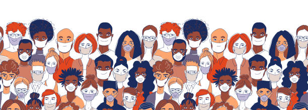 Diverse crowd group people wearing medical masks protection coronavirus epidemic. Adult women men children seamless pattern background. Diverse crowd group of people wearing medical masks protection coronavirus epidemic. Hand drawn line drawing doodle vector illustration poster crowd of people borders stock illustrations
