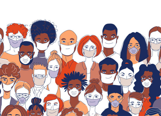 Diverse crowd group people wearing medical masks protection coronavirus epidemic. Adult women men children seamless pattern background. Diverse crowd group of people wearing medical masks protection coronavirus epidemic. Hand drawn line drawing doodle vector illustration poster crowd of people borders stock illustrations