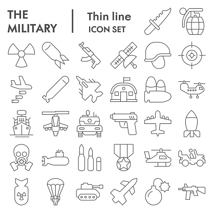Military thin line icon set. Army signs collection, sketches, logo illustrations, web symbols, outline style pictograms package isolated on white background. Vector graphics