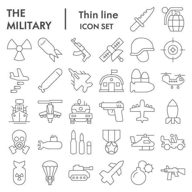 Military thin line icon set. Army signs collection, sketches, logo illustrations, web symbols, outline style pictograms package isolated on white background. Vector graphics. Military thin line icon set. Army signs collection, sketches, logo illustrations, web symbols, outline style pictograms package isolated on white background. Vector graphics helicopter illustrations stock illustrations
