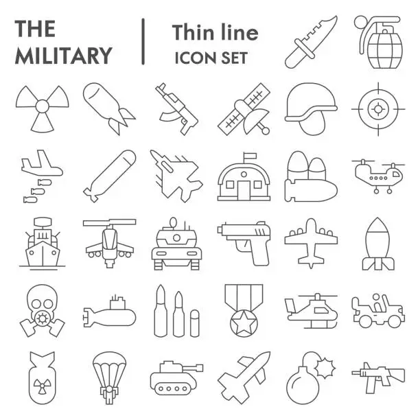 Vector illustration of Military thin line icon set. Army signs collection, sketches, logo illustrations, web symbols, outline style pictograms package isolated on white background. Vector graphics.