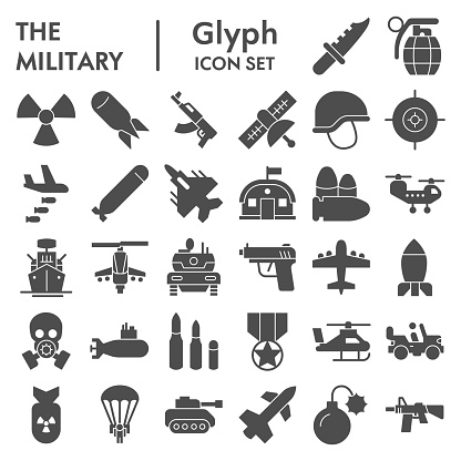 Military solid icon set. Army signs collection, sketches, logo illustrations, web symbols, glyph style pictograms package isolated on white background. Vector graphics